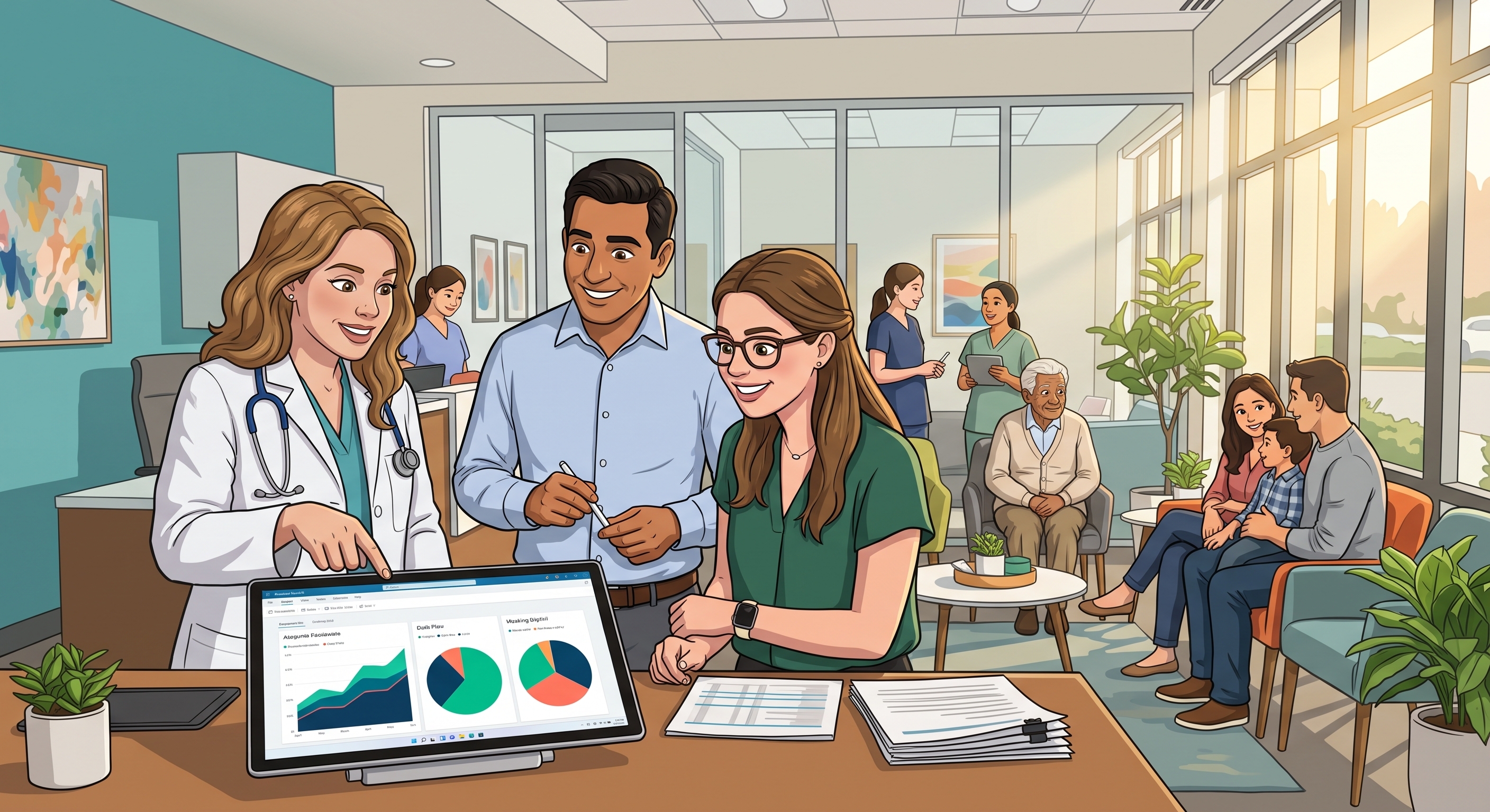 Doctor and staff reviewing a cash flow dashboard in a busy healthcare practice — using working capital to manage cash flow gaps