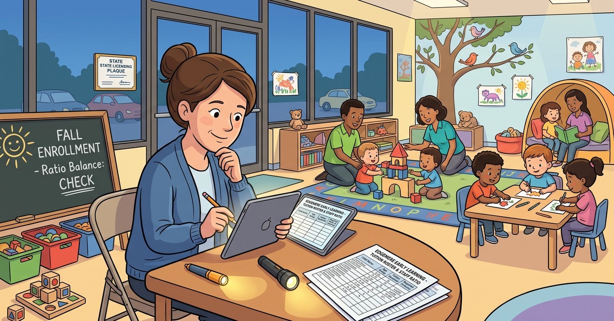 Preschool director reviewing a tuition roster and staff-to-child ratio checklist on a tablet, with children playing in a licensed daycare classroom.