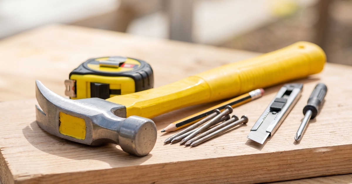 Hammer, tape measure, nails, and hand tools on a wood plank — the tools contractors keep working with once working capital closes the cash flow gap