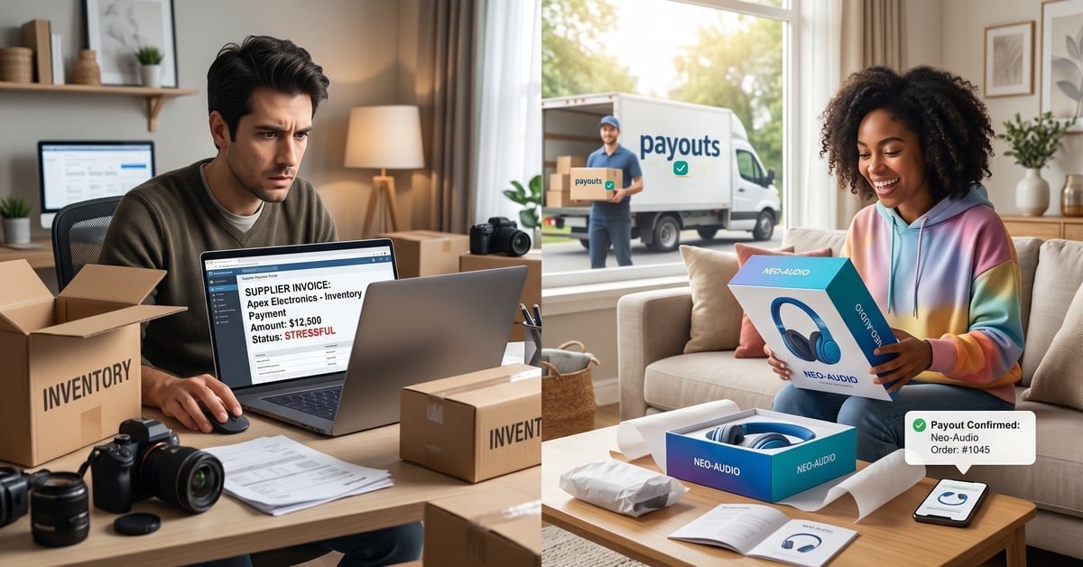 Split image of a seller reviewing a stressful $12,500 supplier invoice next to a happy customer unboxing headphones after a payout confirmation.