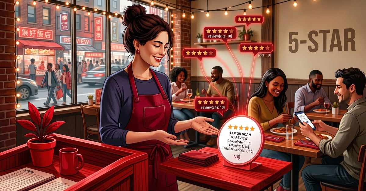 Restaurant server encouraging a guest to leave a 5-star review on Google, Yelp, and TripAdvisor using a tap-to-review table display.