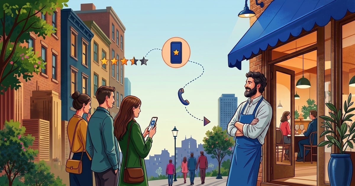 Potential customers checking a restaurant's Google reviews and star rating on their phone before deciding to dine in