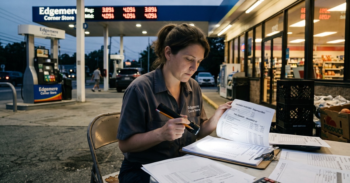 Convenience store worker reviewing inventory paperwork at a gas station at dusk — managing cash flow through perishables and fuel cost swings