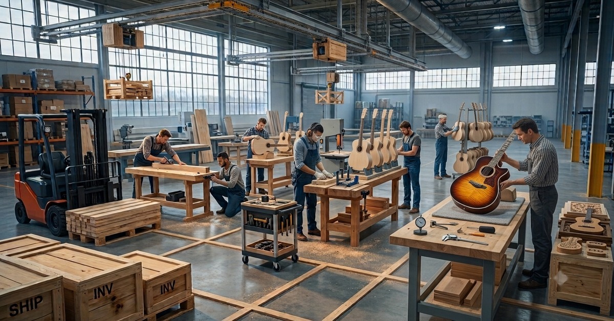Guitar makers in a manufacturing workshop with inventory ready to ship — bridging the cash flow gap between production and payment with working capital
