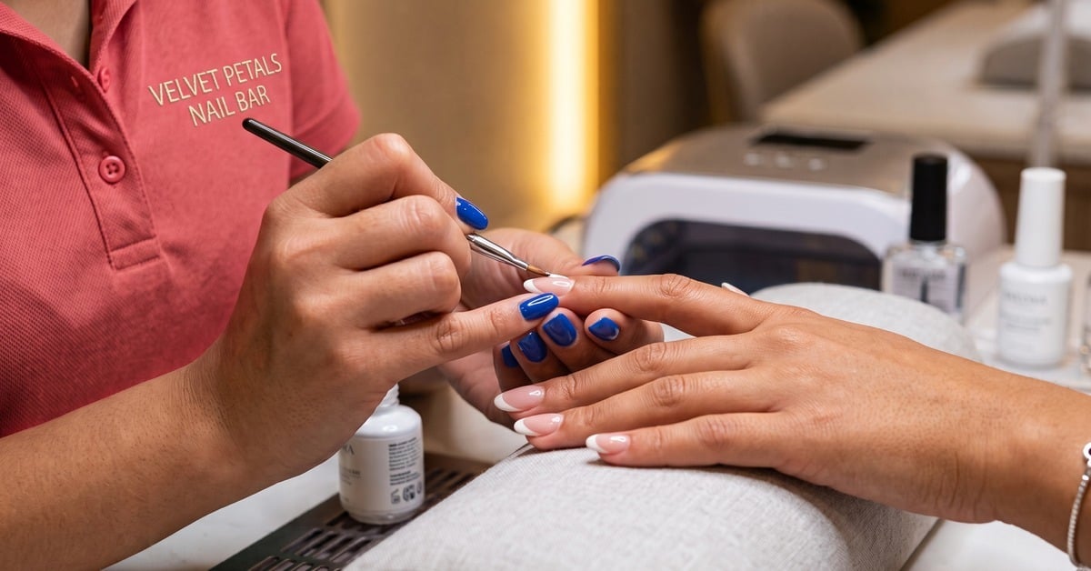 Nail technician at a salon applying blue gel polish with a white-tip manicure design to a client's hand.
