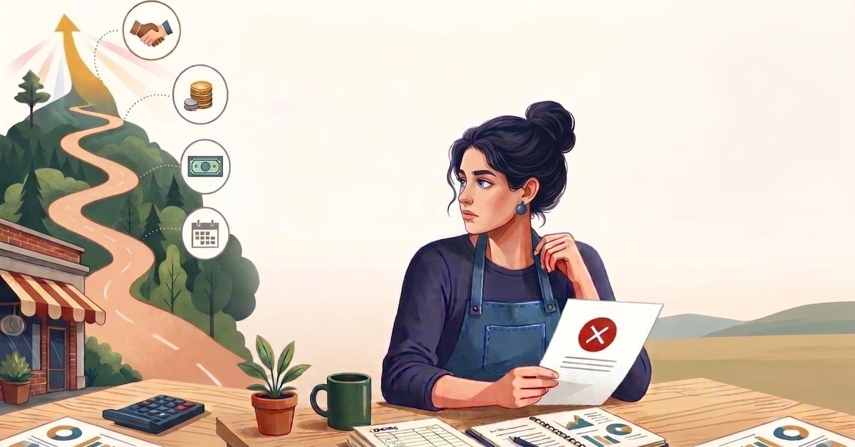 Illustration of a small business owner reviewing a rejected loan application, with a path leading toward funding options and a thriving storefront.