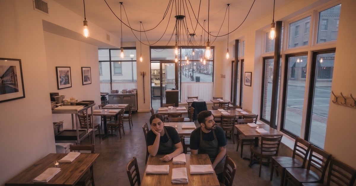 Restaurant staff sitting idle at an empty table during a slow season, while the owner weighs working capital options to bridge the gap