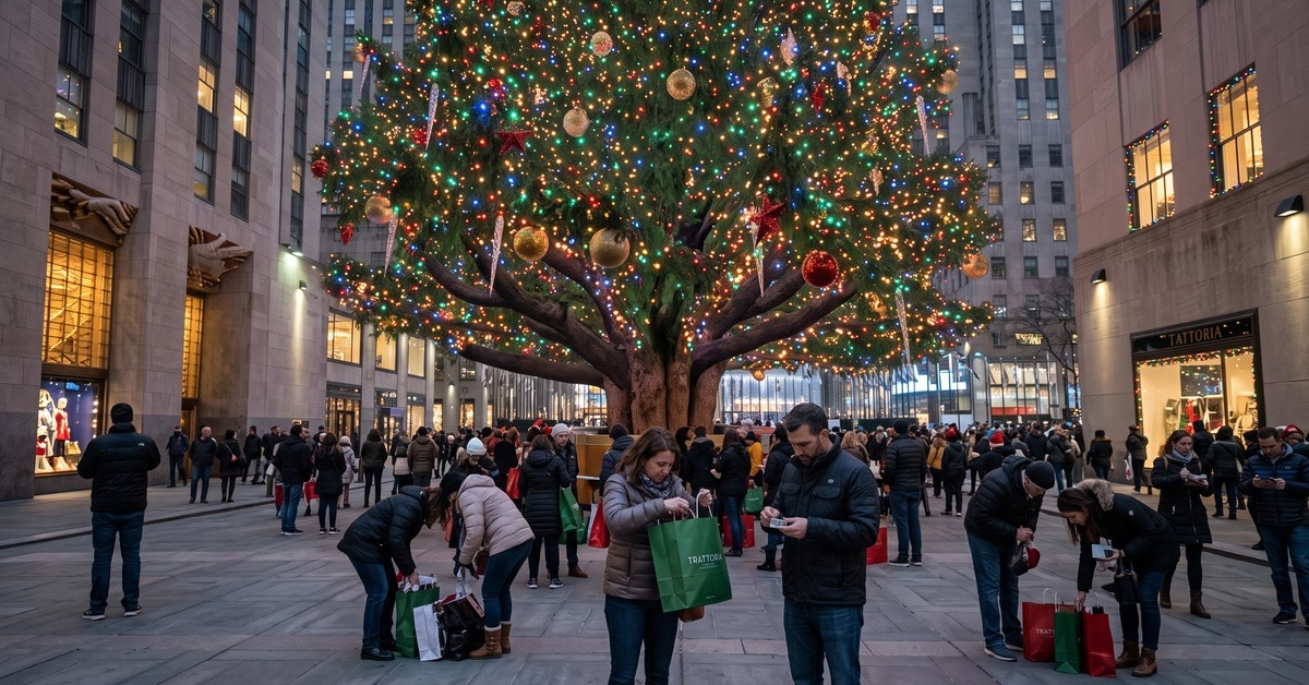 Crowded holiday shoppers with bags near a decorated city Christmas tree during peak retail shopping season