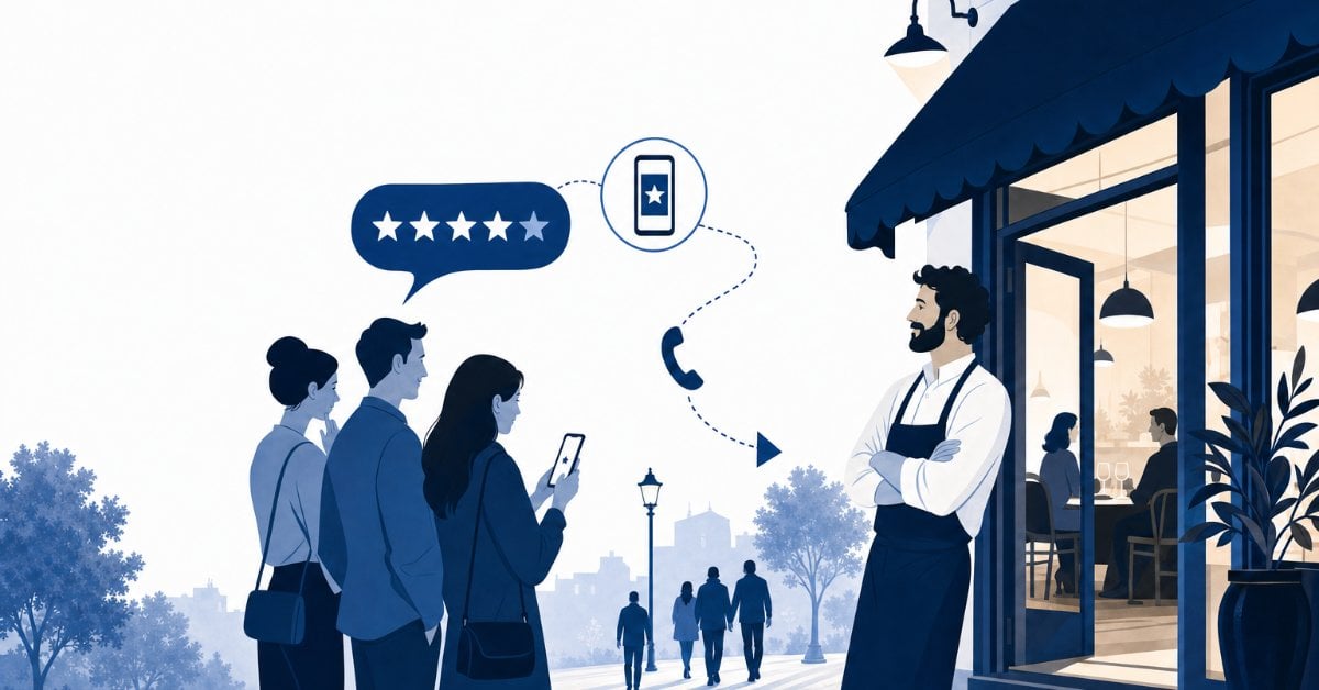 Restaurant owner reviewing Google reviews and star ratings to build customer trust.